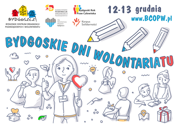 Rysowane postaci wolontariuszy oraz napis "Bydgoskie Dni Wolontariatu".