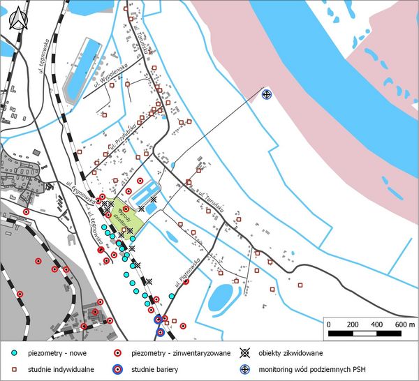 Mapa piezometrów i studni indywidualnych na obszarze osiedla Łęgnowo – Wieś