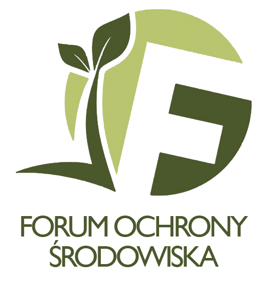 Logo Forum Ochrony Środowiska: litera 'F' z grafiką młodej rośliny o dwóch listkach, symbolizująca ochronę  środowiska