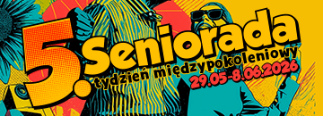 żóły napis Seniorada na kolorowym tle
