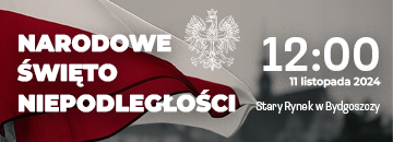 Biały napis na tle flagi i godła państwowego