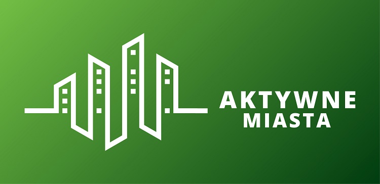 Logo w kształcie stylizowanych budynków i napis "Aktywne Miasta"